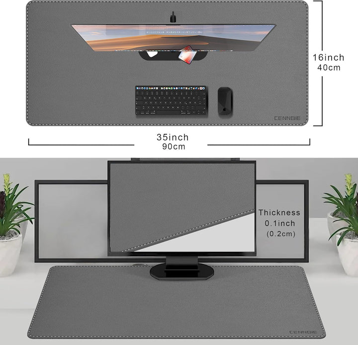 CENNBIE Schreibtischunterlage Leder 90 x 40cm, Extra grosse Tischunterlage, erweitertes PU-Leder Mau
