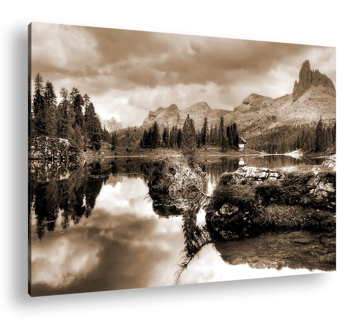 beginnender Winter in den Dolomiten Effekt: Sepia, Format: 80x60 als Leinwandbild, Motiv fertig gera