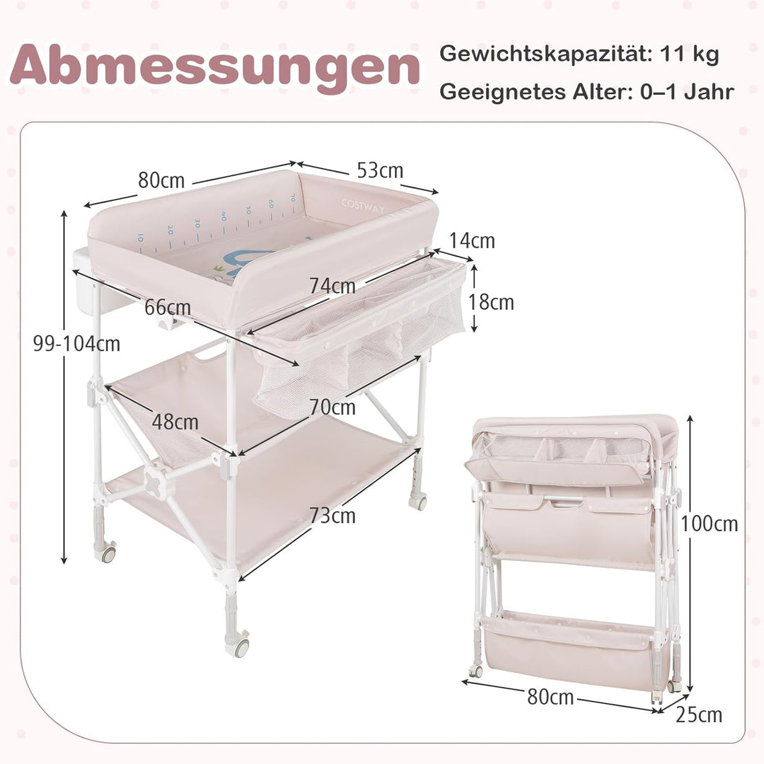 COSTWAY 5 in 1 Wickelkommode, Wickeltisch klappbar, Wickelstation höhenverstellbar mit Seitenkorb, R
