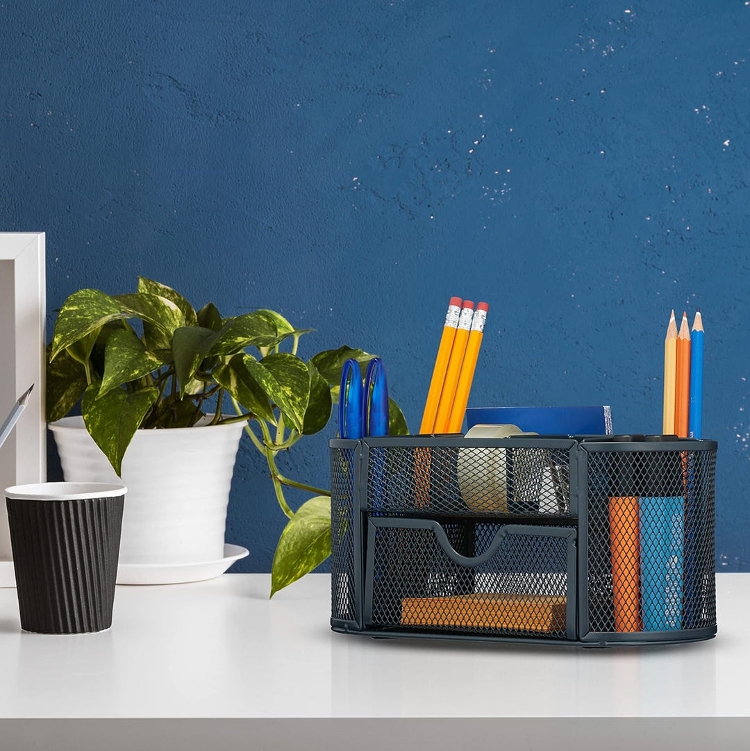 Relaxdays Schreibtisch Organizer, Büroorganisator mit Stiftehalter & Schublade, Metall, HBT: 10,5 x