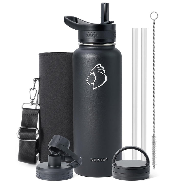 Trinkflasche mit Strohhalm, BUZIO Edelstahl Trinkflasche 1180ml Thermosflasche mit Strohhalm Deckel