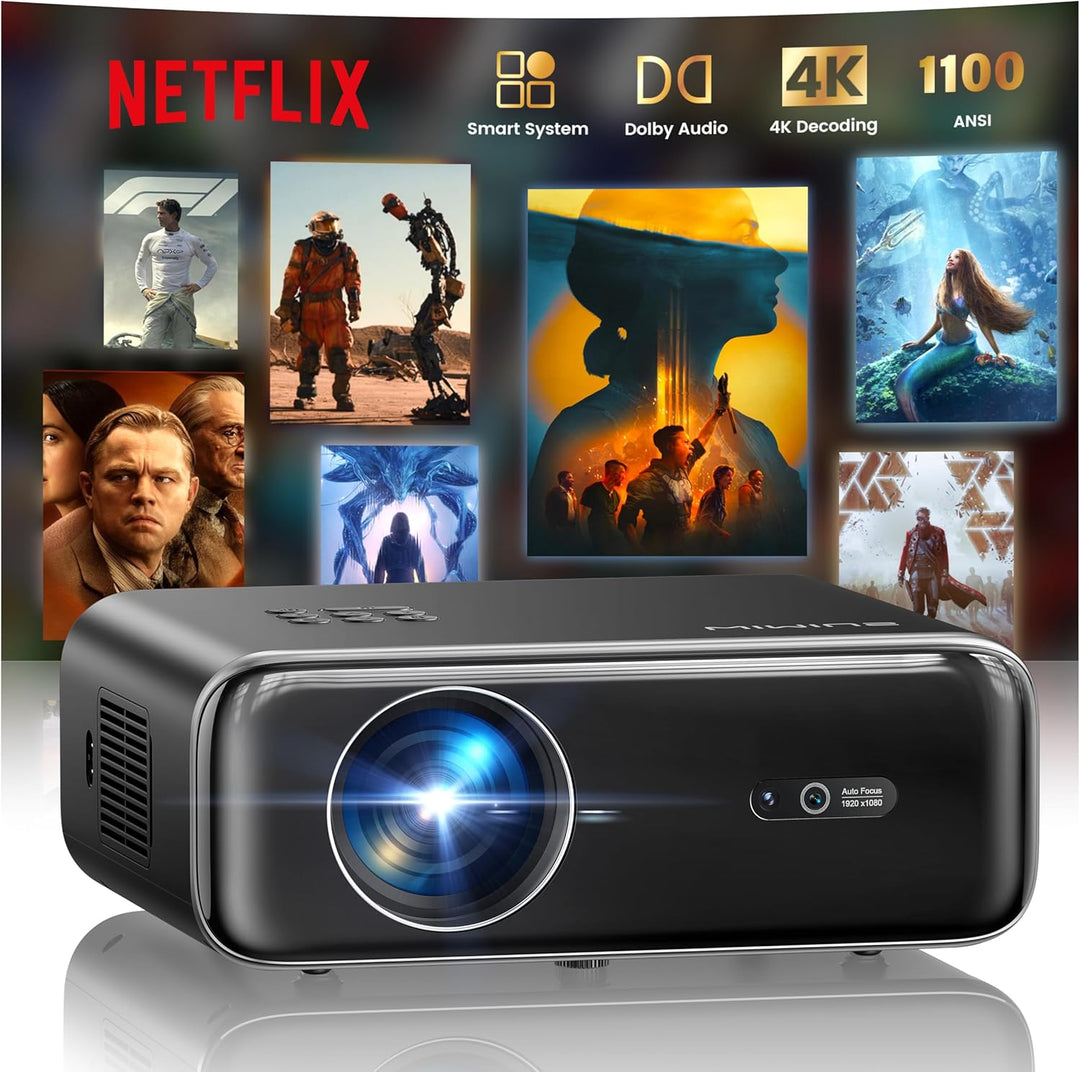 Smart Beamer mit Netflix, Dolby Audio, WiMiUS 1100 ANSI Autofokus/6D Trapezkorrektur Led Beamer 4K H