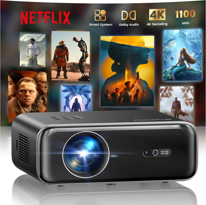 Smart Beamer mit Netflix, Dolby Audio, WiMiUS 1100 ANSI Autofokus/6D Trapezkorrektur Led Beamer 4K H