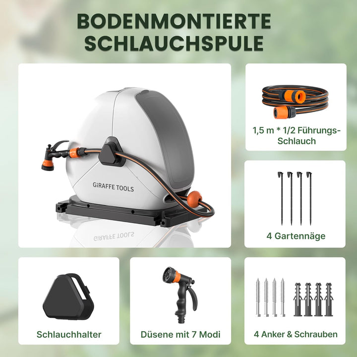 Giraffe Tools Ausziehbare Schlauchtrommel mit 40 m, robuste Bodenmontage, Gartenschlauchtrommel, mit