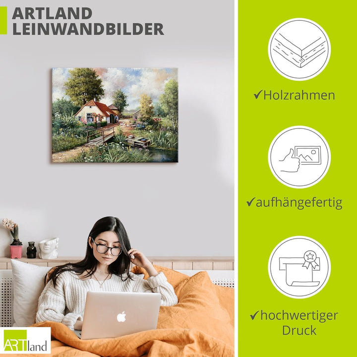 ARTland Leinwandbilder Wandbild Bild auf Leinwand 60x45 cm Wanddeko Bauernhof Landschaft Natur Fluss