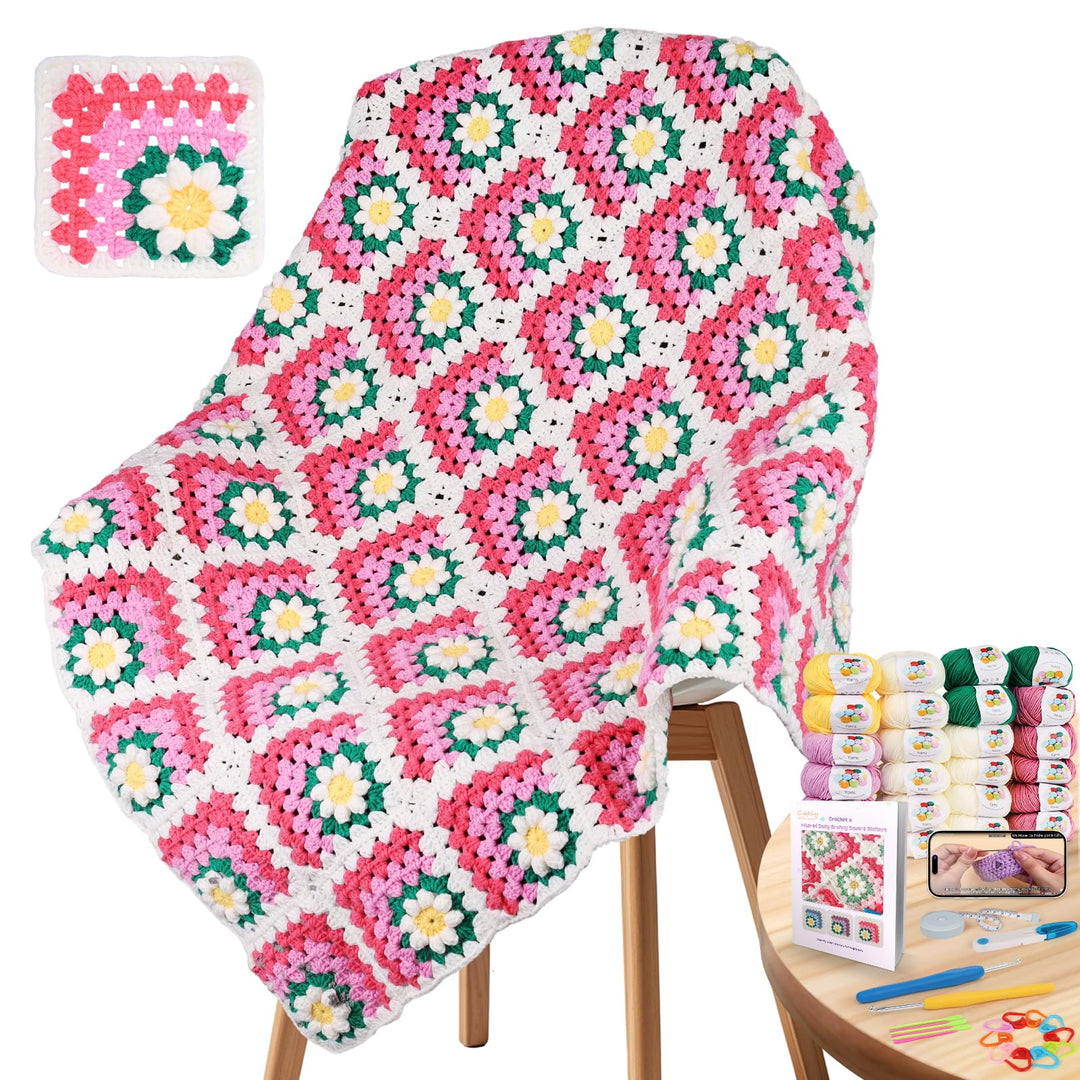 Coopay Granny Square Häkelset für Anfänger, Häkel Set für Gänseblümchen Decke 3D, Komplett Häkelset