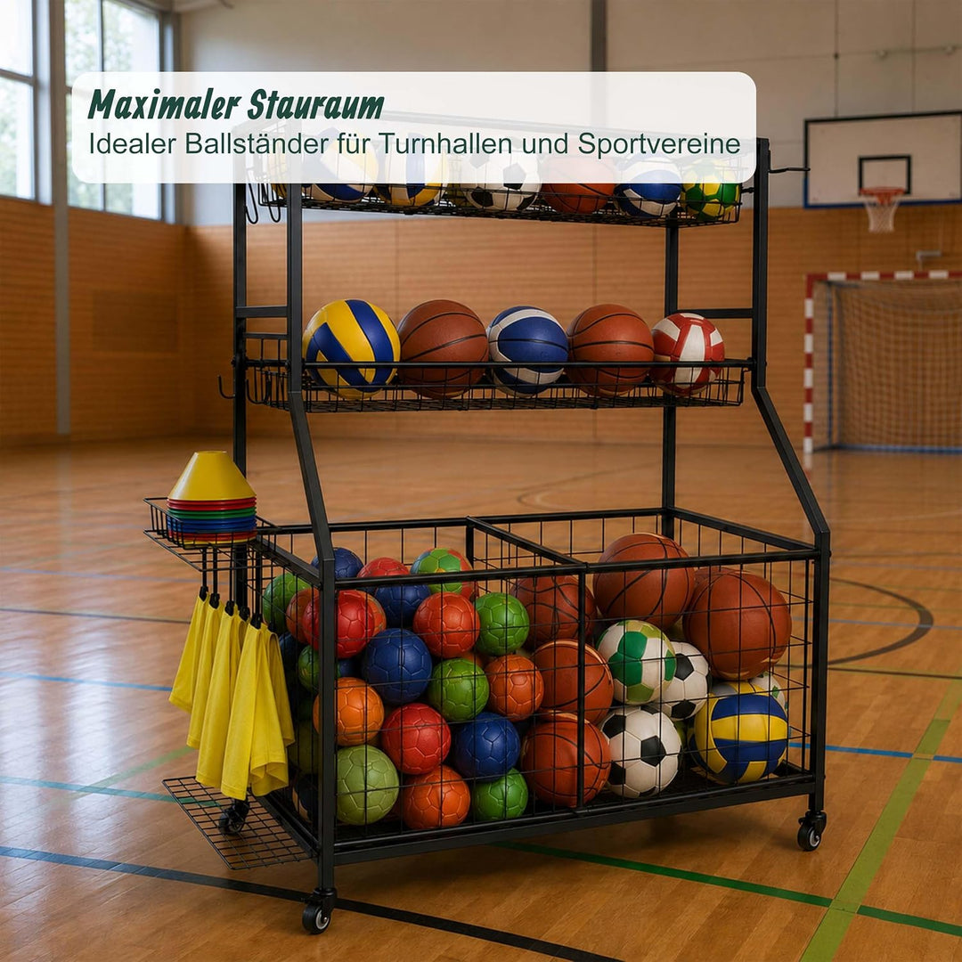 Relaxdays Sportgeräte Aufbewahrung, HBT: 116 x 91,5 x 43 cm, 4 Rollen, mit Bremse, Metall, Ballwagen