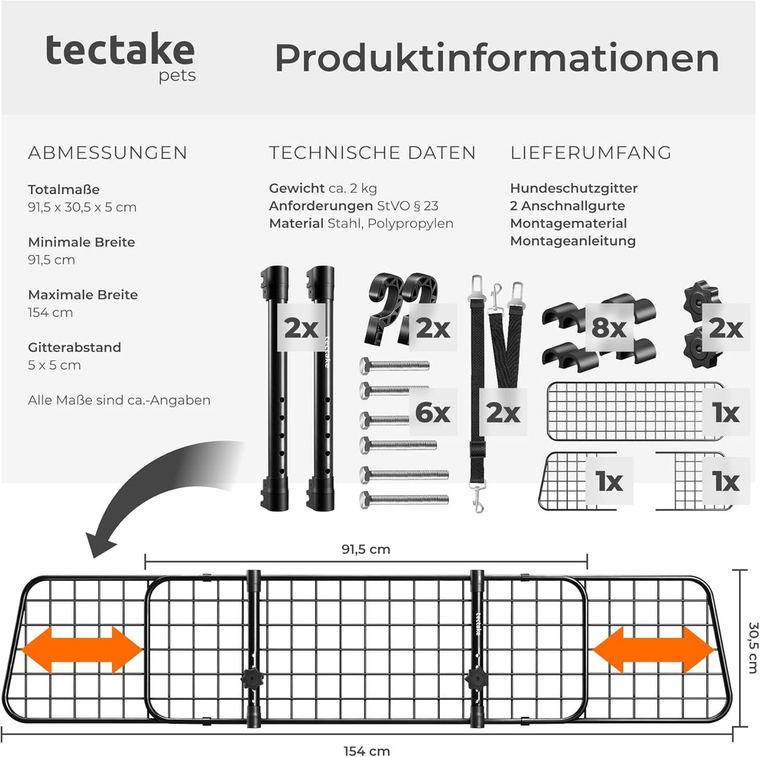 tectake® Hundegitter Auto, universal Hundeschutzgitter mit Variabler Breite, mobiler Kofferraumschut
