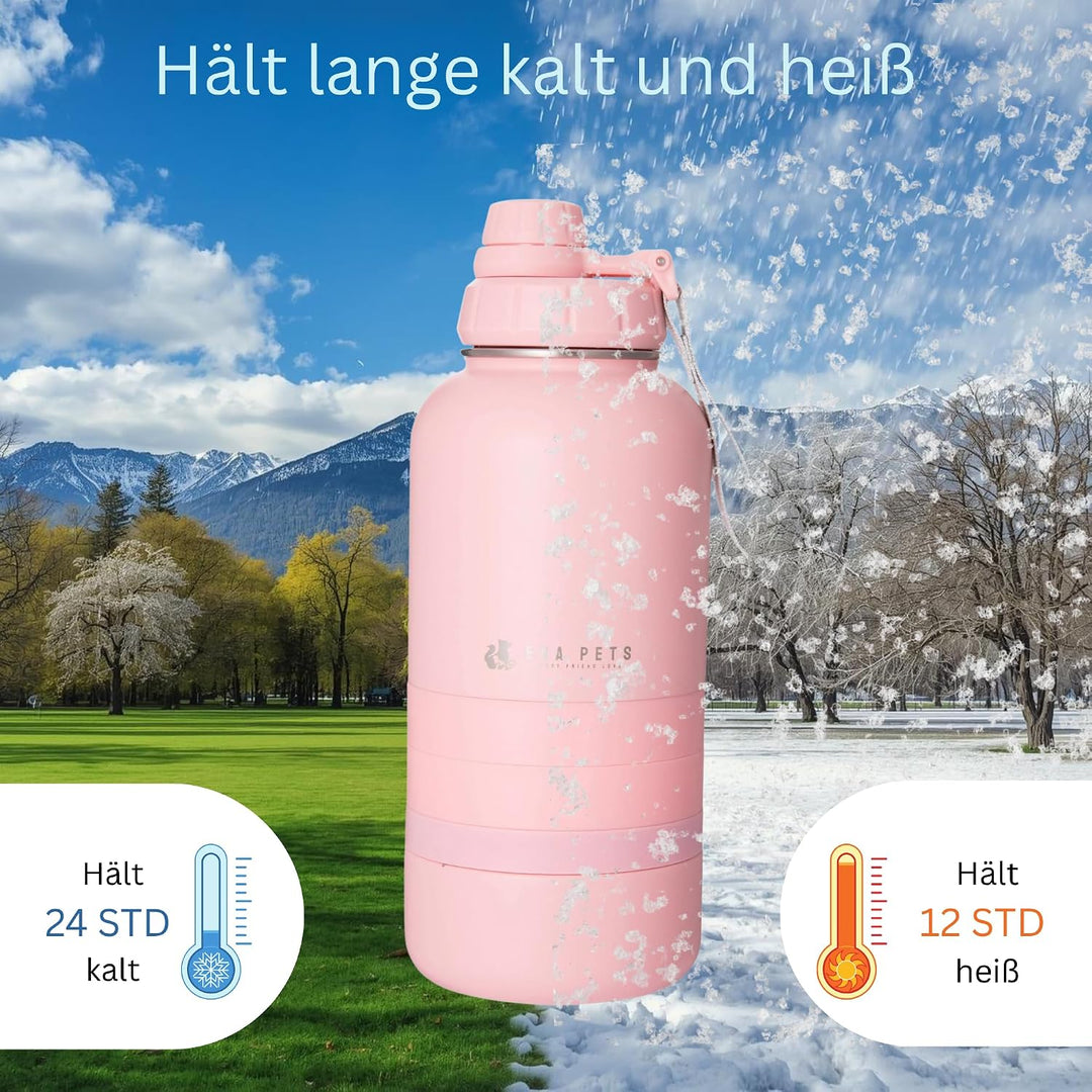 3-in-1 Hundetrinkflasche – Edelstahl 304, auslaufsicher, Softtouch, Wasser- &amp; Futterbehälter mit 3 N