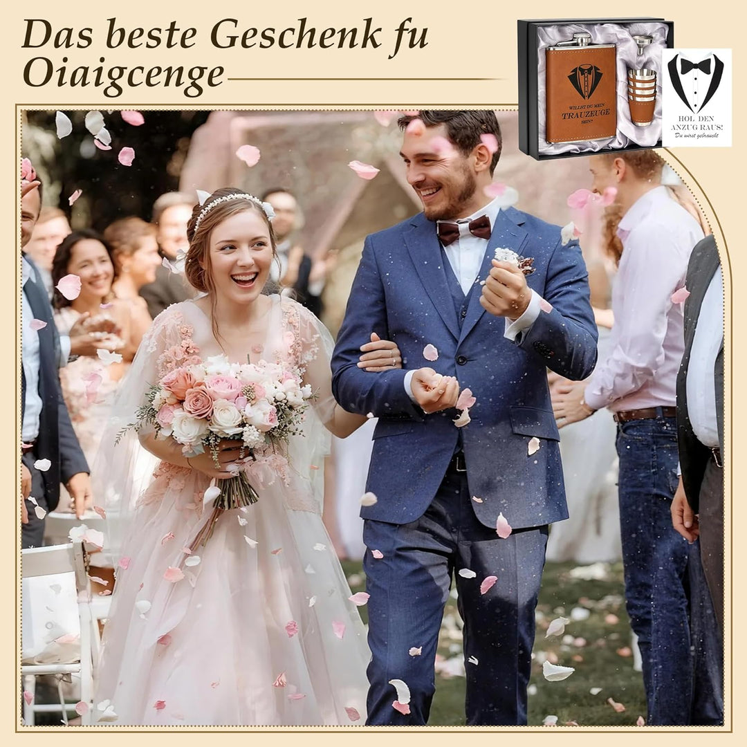Flachmann mit Gravur 8oz Edelstahl Geschenkset für Trauzeuge und Trauzeugin, Schwarze Geschenkbox mi