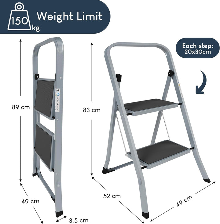Home Vida 2-stufige Leiter – robuste Stahl-Klappleiter mit rutschfesten und breiten Stufen, Klappmec