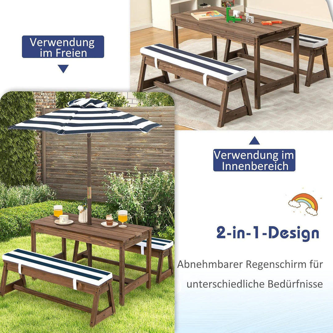 GOPLUS Kindermöbelset, Gartentischset mit 2 Bänken, 3-Fach Höhenverstellbarer Sonnenschirm, Tannenho