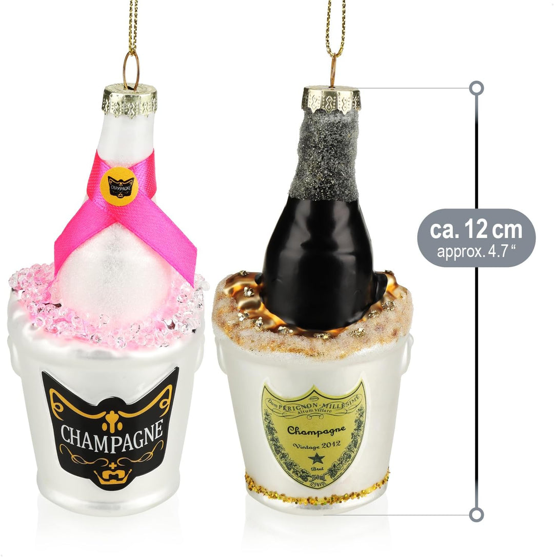 com-four® 2X Christbaumschmuck - Deko-Champagnerflasche im Sektkühler - besondere Baumkugeln als Wei