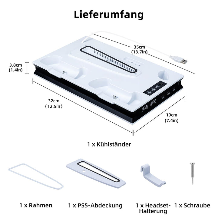 Mcbazel PS5 Pro/ PS5/ PS5 Slim Ladestation Ständer mit 3 Stufig Lüfter und Licht, PS5 Ständer Contro