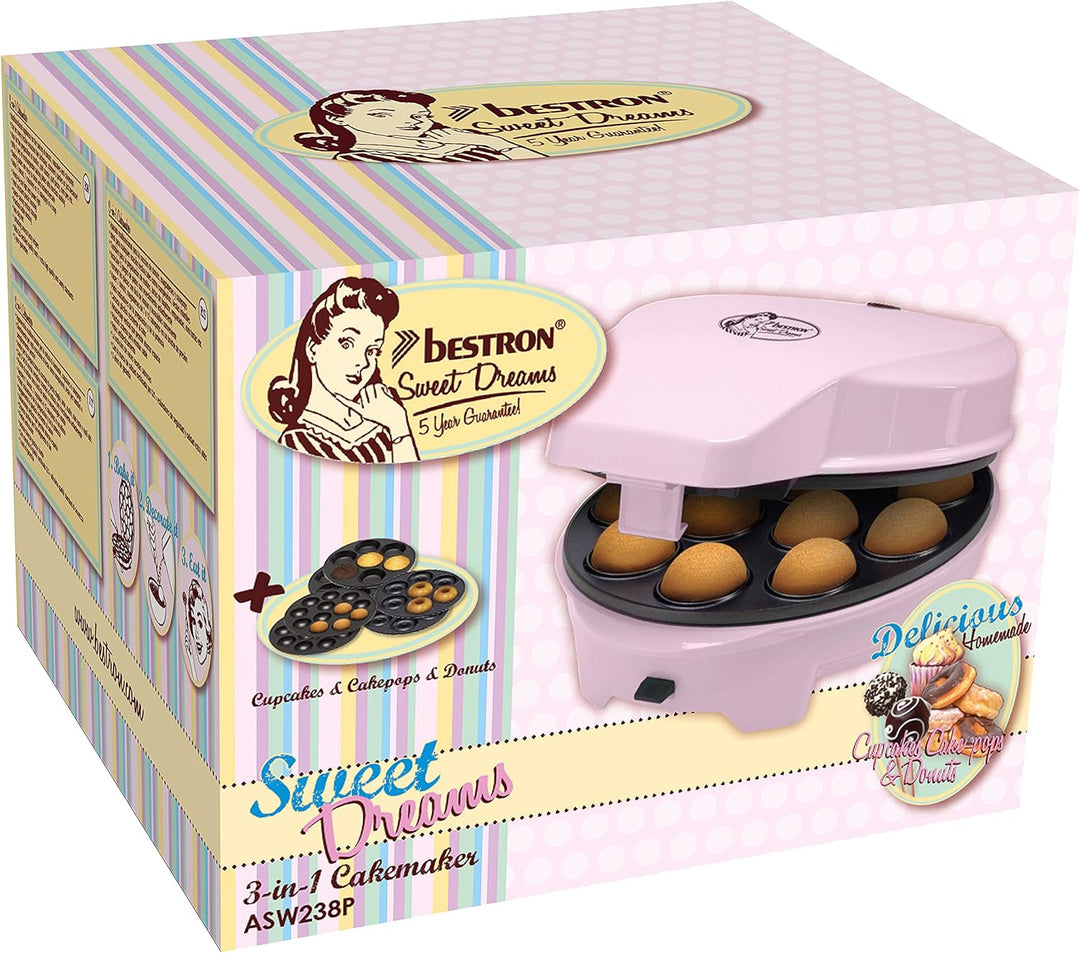 Bestron 3-in-1 Cakemaker im Retro Design, mit 3 auswechselbaren Backplatten, Donut-, Cupcake- und Ca