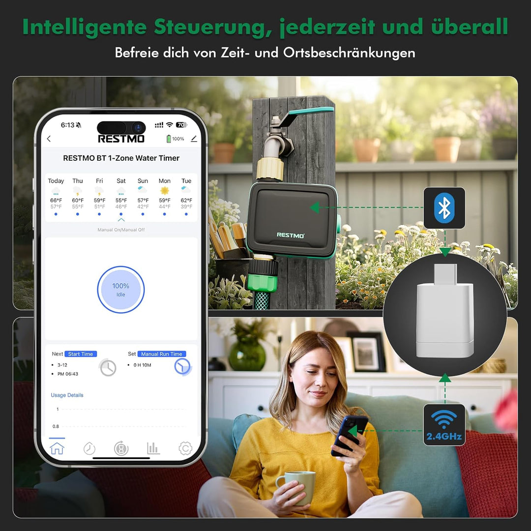 RESTMO 1 Zonen Bewässerungscomputer mit integriertem Bluetooth+Wi-Fi Chip und App-Steuerung, automat
