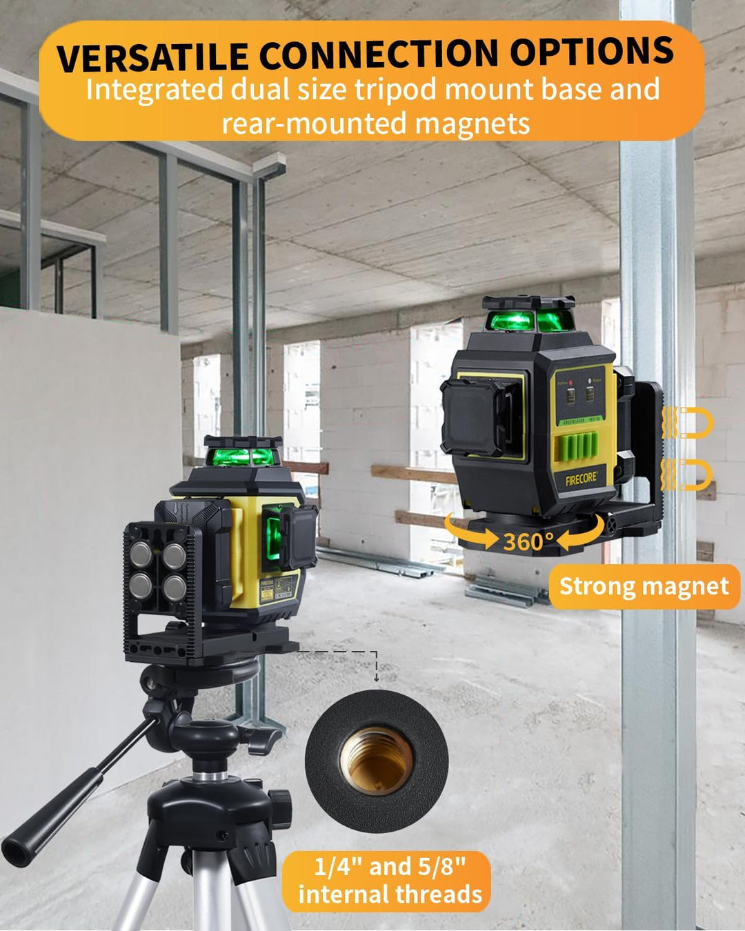 Kreuzlinienlaser mit Stativ, Firecore Laser-Wasserwaage Selbstnivellierend Linienlaser Grün, 3×360°