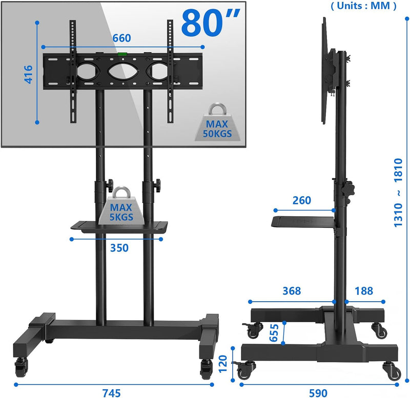 RFIVER Universal TV Ständer Rollbar für 32 40 42 43 49 50 55 65 70 75 Zoll Fernseher, TV Wagen mit R