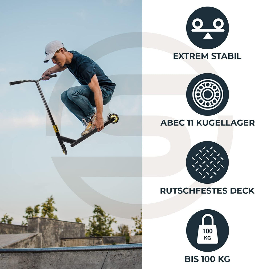 Sportisfaction Stuntscooter | Robustes Design für Tricks &amp; Stunts | ABEC11 Kugellager | 100kg Belast