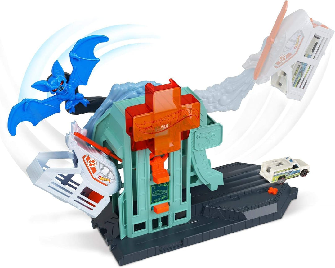 Hot Wheels GJK90 - City Bat-Blitz Krankenhausangriff Spielset zum Herumschieben und Geschichtenerzäh