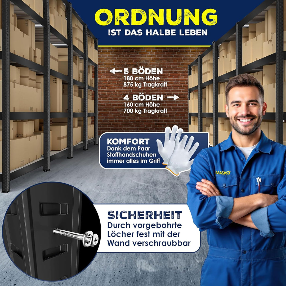 MASKO® 2er-Set Lagerregal Schwerlastregal, Kellerregal, 160 x 80 x 40 cm, bis 700kg belastbar, 4 ver