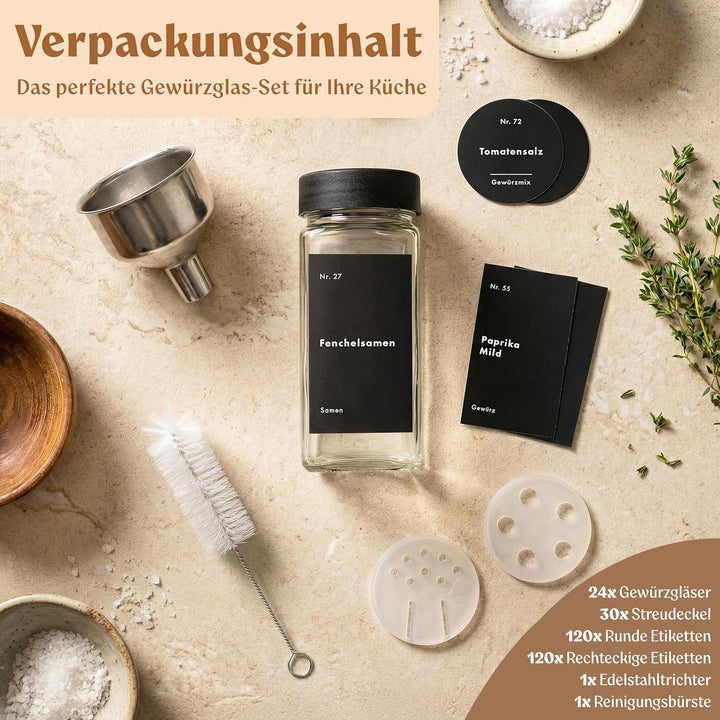 EDELHAUS Gewürzgläser Eckig Set mit Plastikdeckel (24 x 120ml) Gewürzstreuer mit Streueinsatz und 24