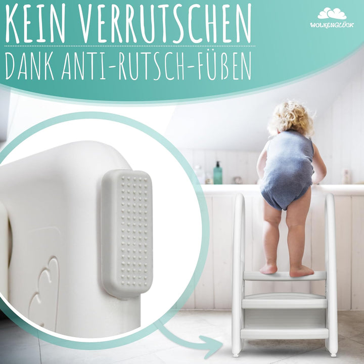 WOLKENGLÜCK® Tritthocker Kinder (3 Stufen) - Rutschfester Kinder Hocker von 1,5 bis 6 Jahre (Belastb