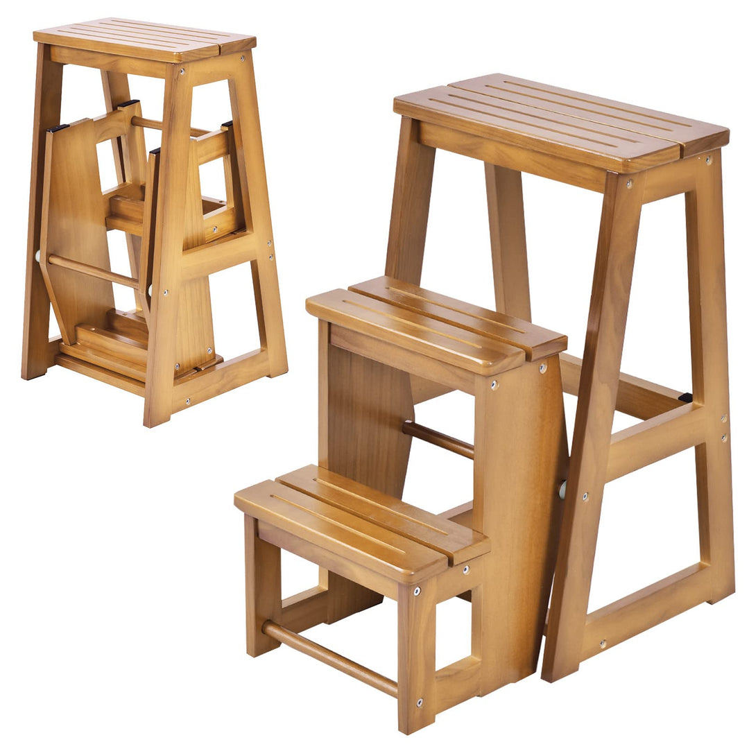 GIANTEX Leiterstuhl Holz 3 Stufen, Trittleiter Tritthocker klappbar Trittstuhl, Hocker Leiter Holzle