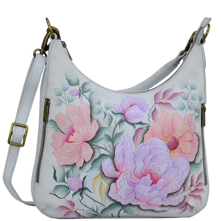Anuschka Handbemalte Schmale Hobo Tasche, Erweiterbar, mit Crossbody Riemen Bel Fiori, Bel Fiori