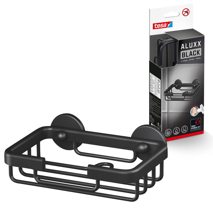 tesa ALUXX BLACK Seifenablage zur Wandmontage ohne Bohren, schwarz matt - für Bäder im Industrial St