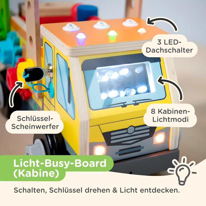 Nene Toys Montessori Busy Board LKW – FSC® Holz Werkzeugkoffer &amp; Schraubbrett mit 3 LED-Schaltern, S