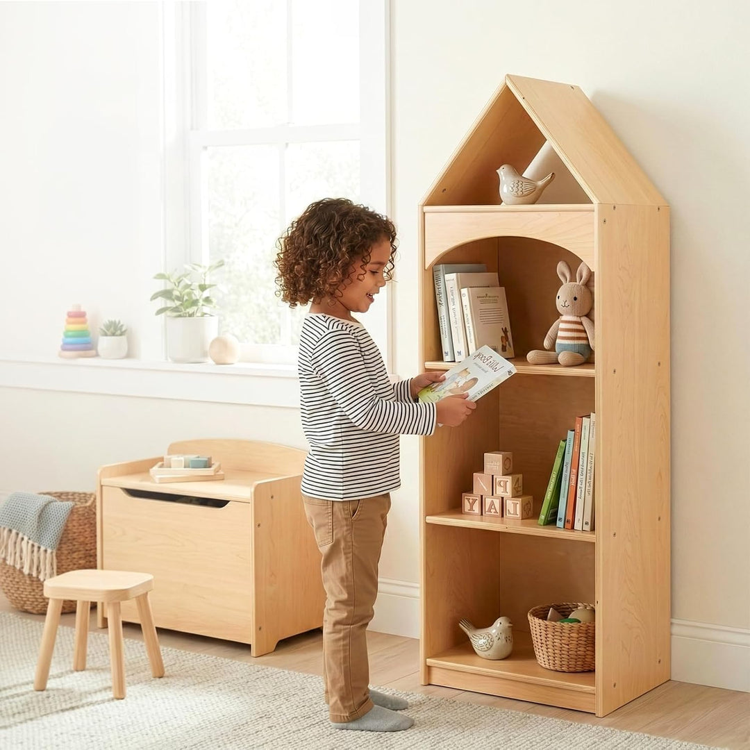 OOOK Kinder Bücherregal Holz, 4 Etagen Spielzeug Regal in Hausform | Kinder Regal, Bücherregal Kinde