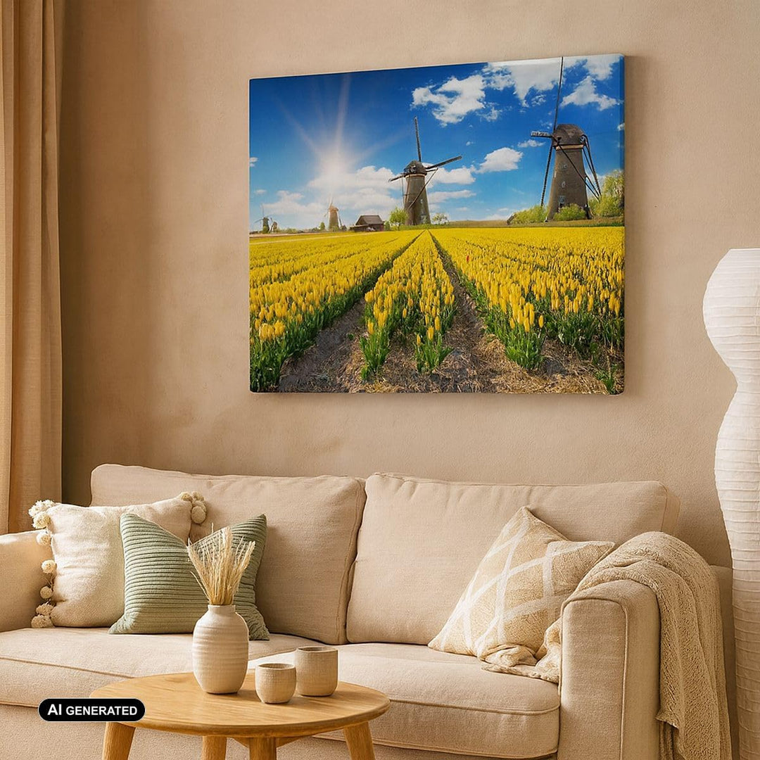 Bilder auf Leinwand 100x70cm Leinwandbild Tulpen Windmühle Wiese Landschaft Gross Wanddeko Bild Schl