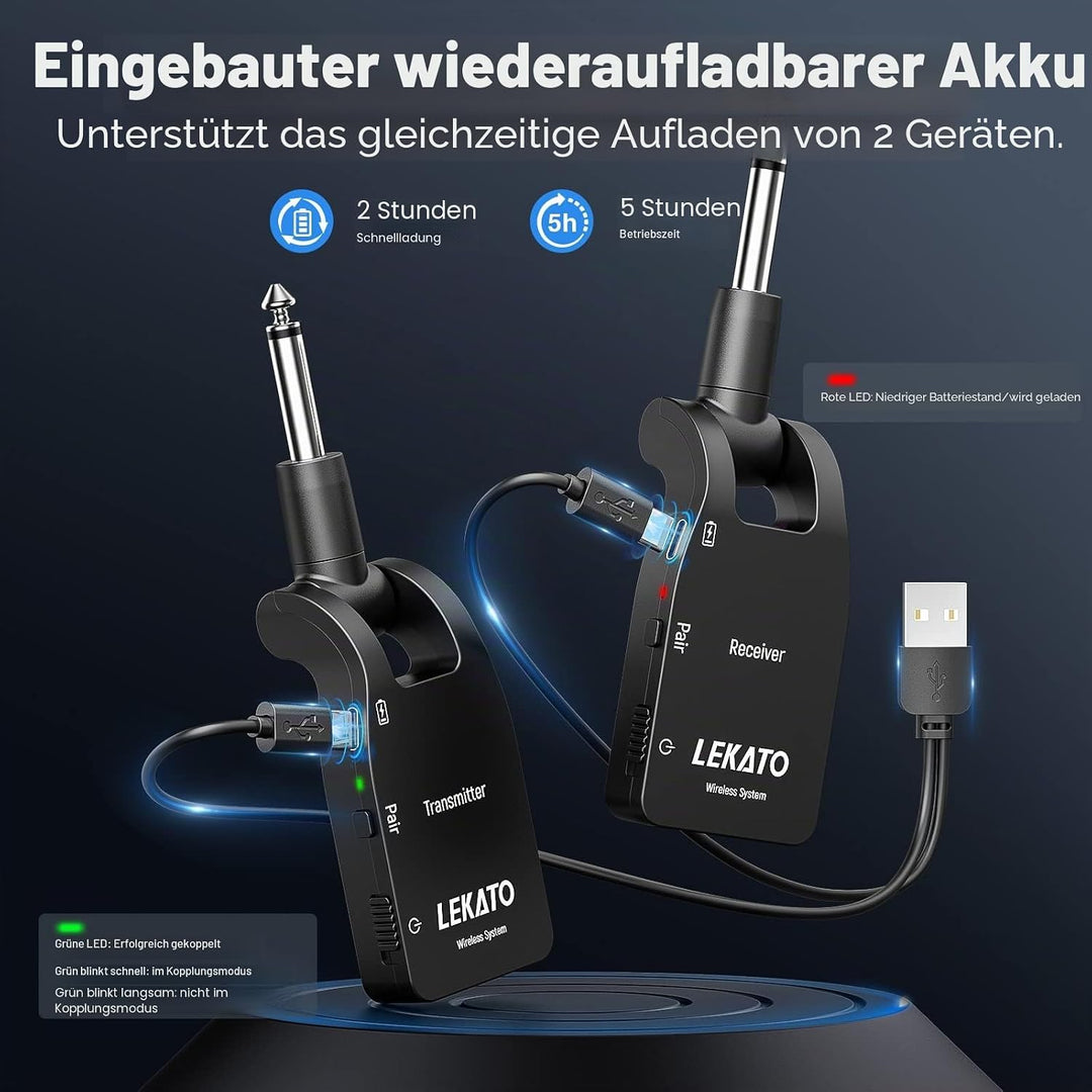 LEKATO 2.4GHz Aufgerüstet Wireless Gitarrensystem E Gitarren Sender mit Kabellos Gitarre Transmitter