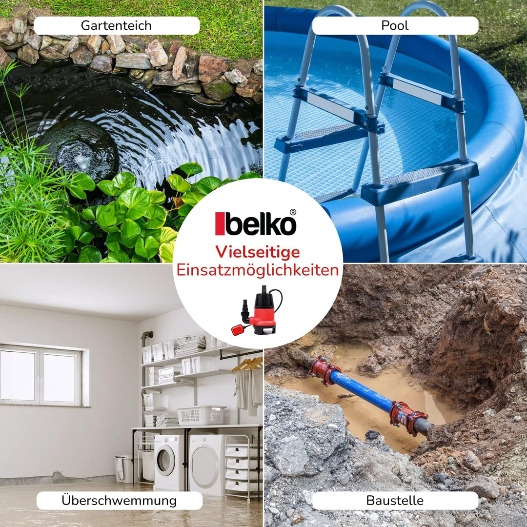 Belko® JP400-D2 Schmutzwasserpumpe mit integriertem Schwimmer-schalter Tauchpumpe mit Griff - 8000 L