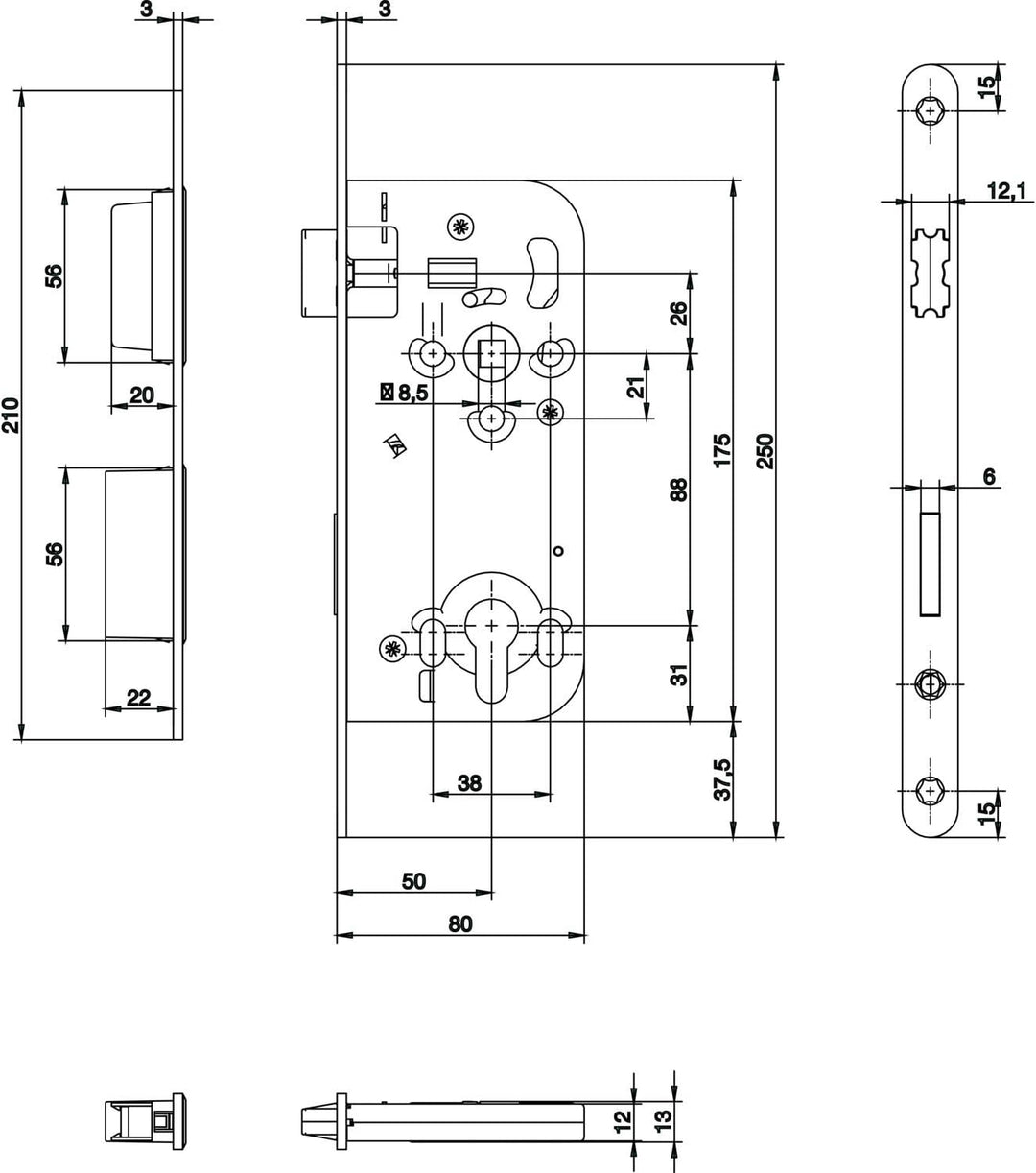 Magnetfallenschloss WG 320 RNM PZ ohne Schliessblech, DM 50, VK 8,5 mm, 1 Stück | Beschläge Einsteck