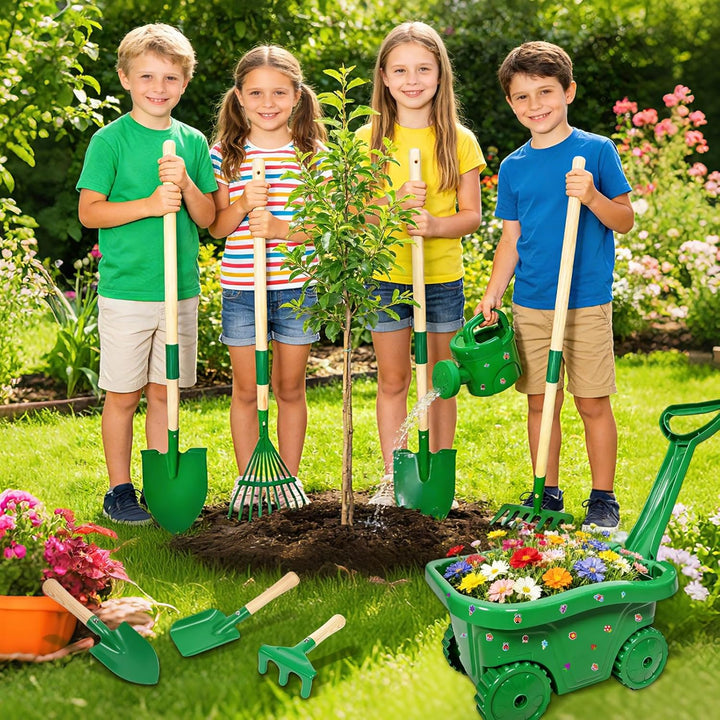 Schubkarre für Kinder, 13 Gartenwerkzeug Set für Kinder, Gartenset mit Schubkarre Kind, Kinderschubk