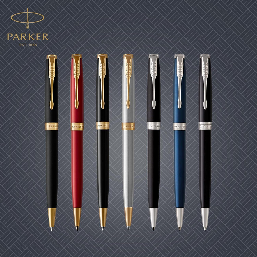Parker Sonnet Kugelschreiber | Edelstahl mit Goldzierteilen | Mittlere Spitze | schwarze Tinte | Ges