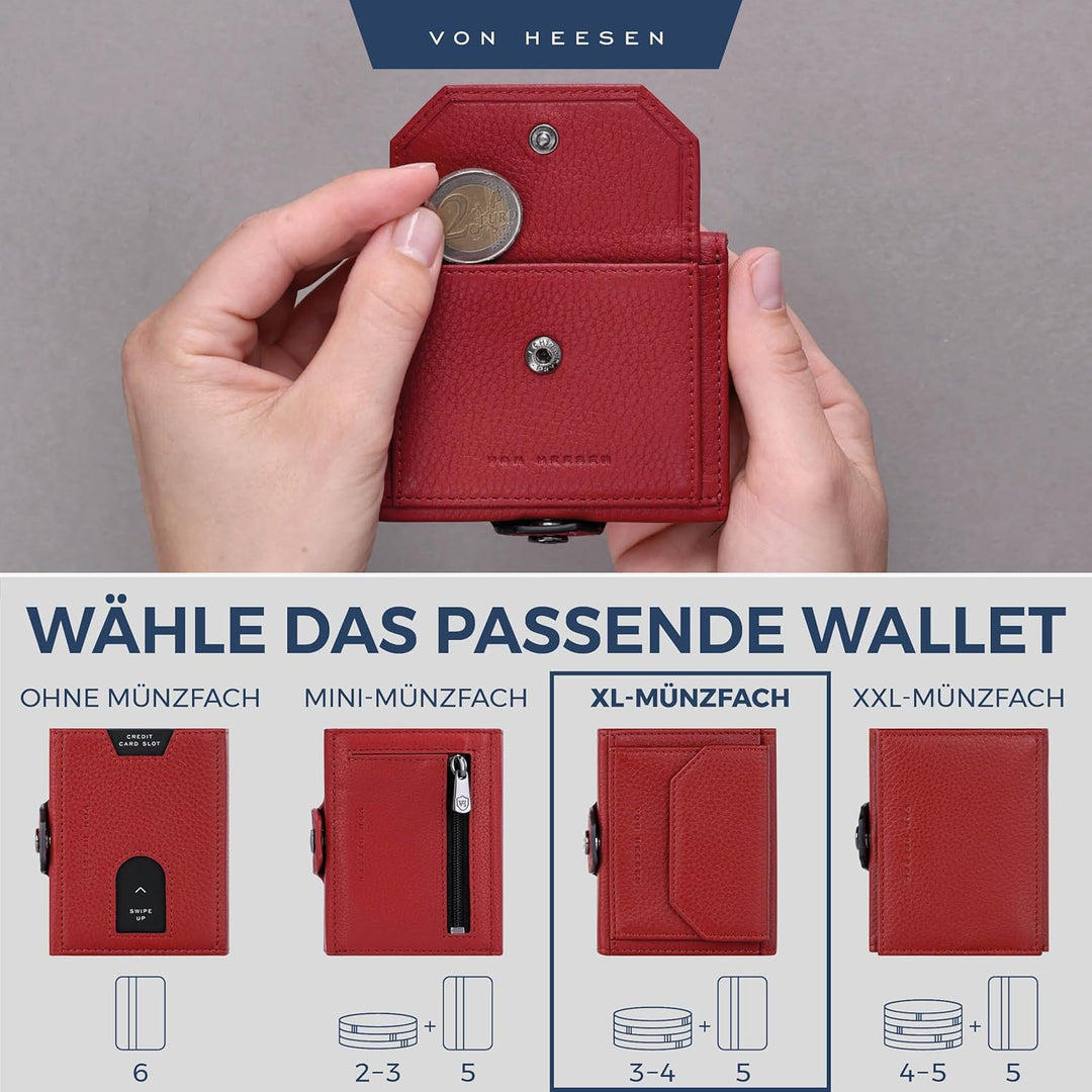 VON HEESEN Slim Wallet mit XL Münzfach & RFID Schutz - Leder Geldbörse Herren klein - Mini Geldbeute