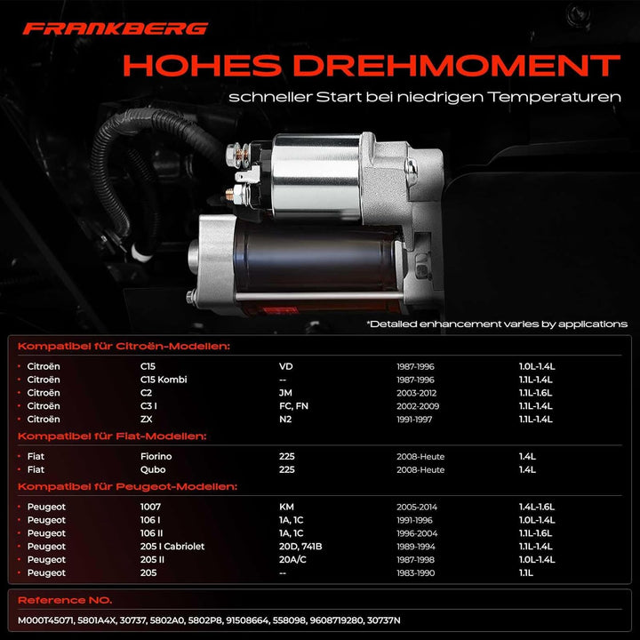 Frankberg Anlasser Starter Kompatibel mit AX ZA- 1986-1998 C2 JM 2003-2009 Saxo S0 S1 1998-2003 207