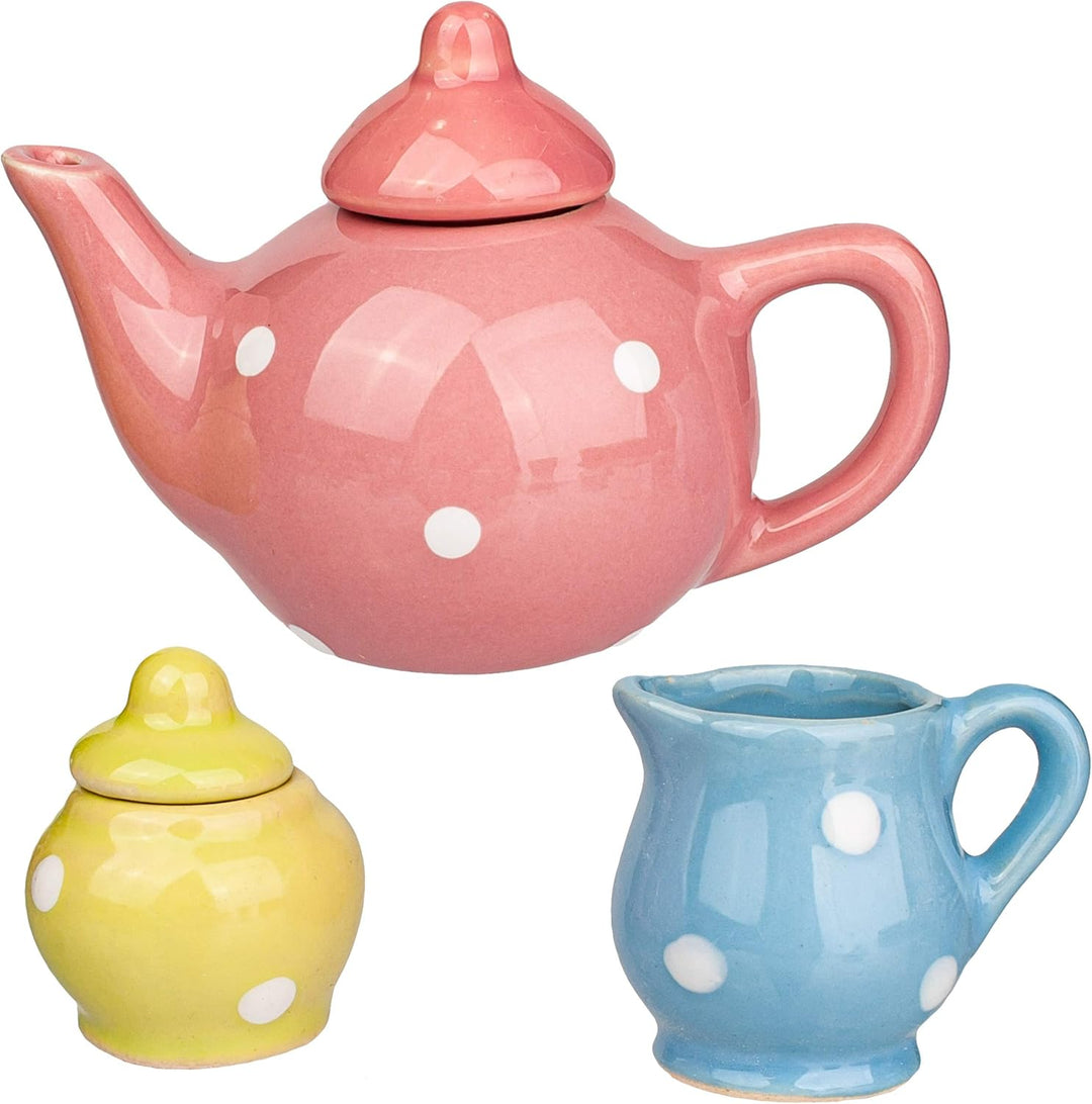 18 TLG. Set Picknick Korb - Puppengeschirr/Teeservice & Kaffeeservice - Bunte Punkte - Geschirr Porz