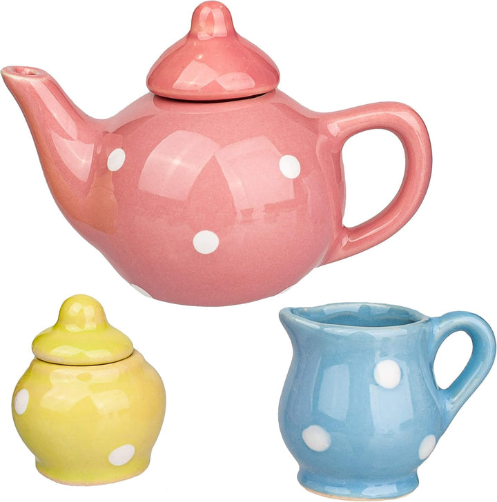 18 TLG. Set Picknick Korb - Puppengeschirr/Teeservice & Kaffeeservice - Bunte Punkte - Geschirr Porz
