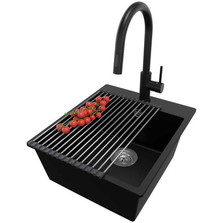 PRIMAGRAN Granitspüle Schwarz 43x50cm, Spülbecken 1 Becken + Küchenarmatur 40x20cm + Zuberhor-Set, K
