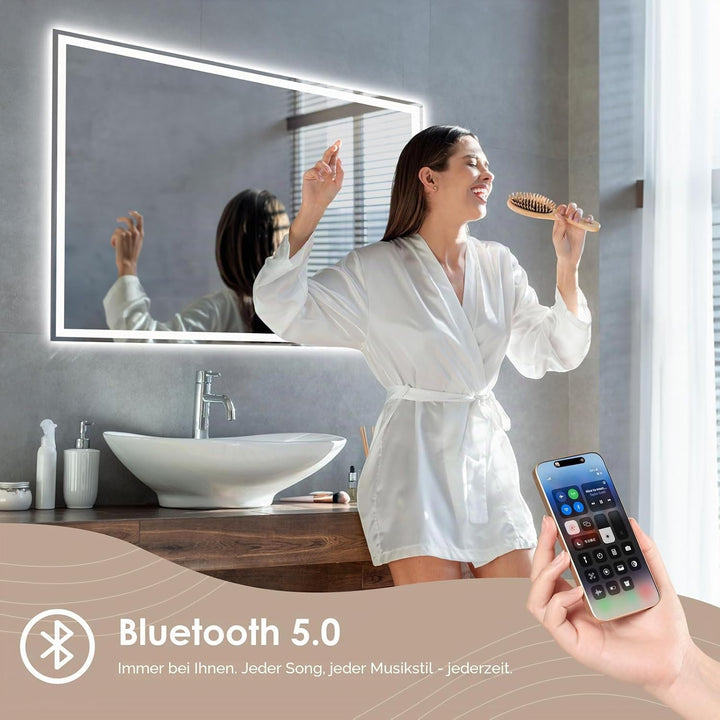 Dripex Badspiegel mit Beleuchtung Led Spiegel mit Bluetooth-Lautsprecher und Steckdose, Dimmbar, 3 L