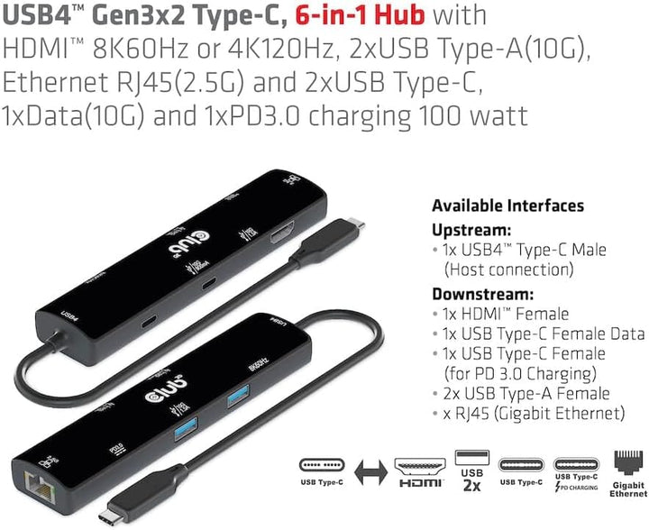 Club3D CSV-1599 USB4™ Gen3x2 Typ-C, 6-in-1 Hub mit HDMI™ 8K60Hz oder 4K120Hz, 2xUSB Typ-A(10G), Ethe
