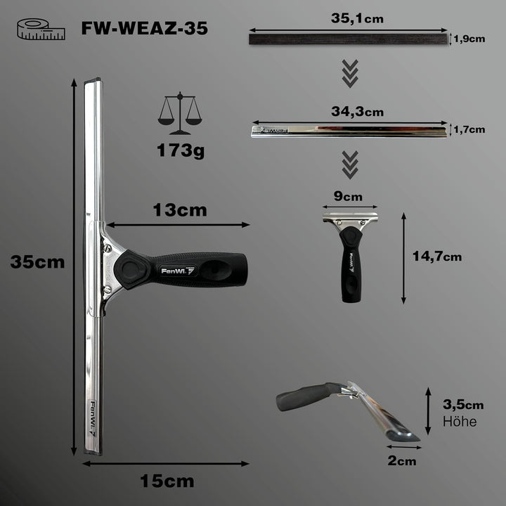 FenWi Fensterabzieher mit Gummilippe in 35cm Breite/Duschabzieher/Abzieher mit Edelstahl-Abziehschie