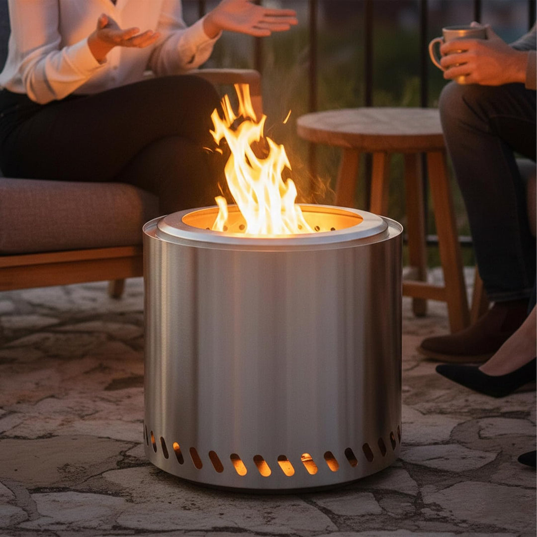 Relaxdays Feuerschale ohne Rauch, Edelstahl, HxD: 36 x 38 cm, Aschebehälter & Tasche, rauchfreie Feu