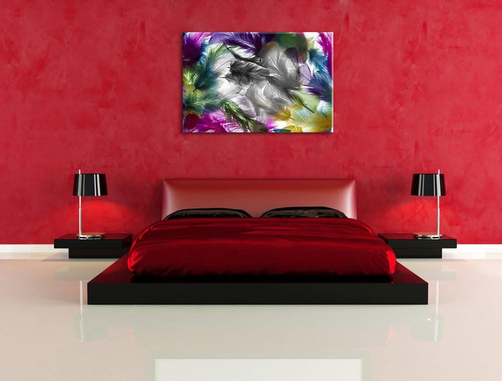 Pixxprint Anordnung von Federn als Leinwandbild/Grösse: 100x70 cm/Wandbild/Kunstdruck/fertig bespann