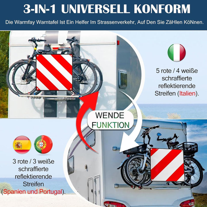 3in1 Warnschild für Italien, Spanien & Portugal - Reflektierendes Warnschild 50x50 cm inkl. 4X Spann