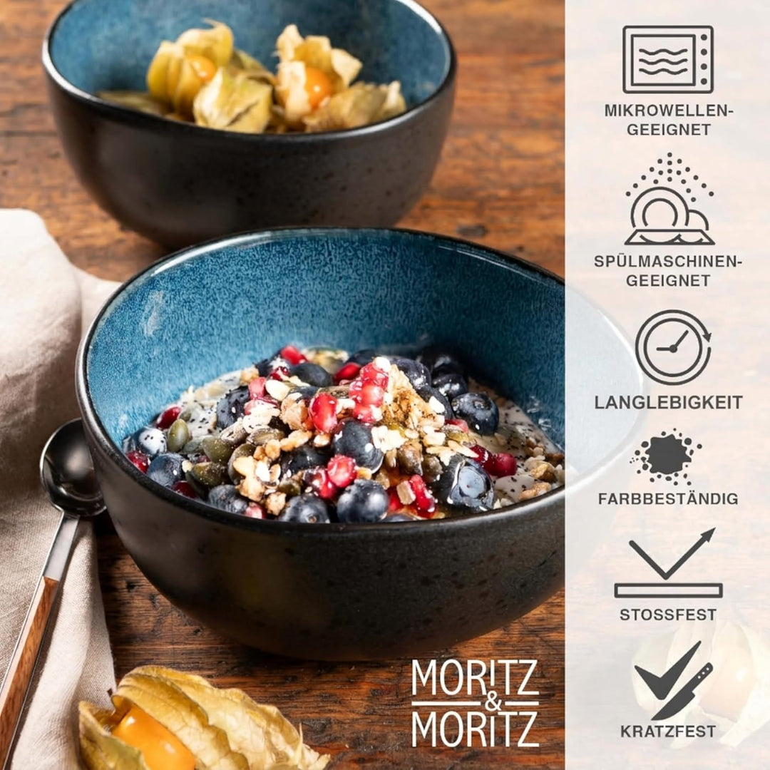 Moritz & Moritz ORGANIC Müslischalen Set 6-teilig Blau, Steingut Bowls im modernen Design, ca. 500 m
